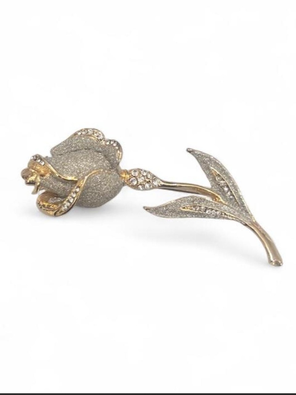 Vintage Gold Tone & Silver Rose Brooch Rhinestone Floral Pin Long Stem - 2"